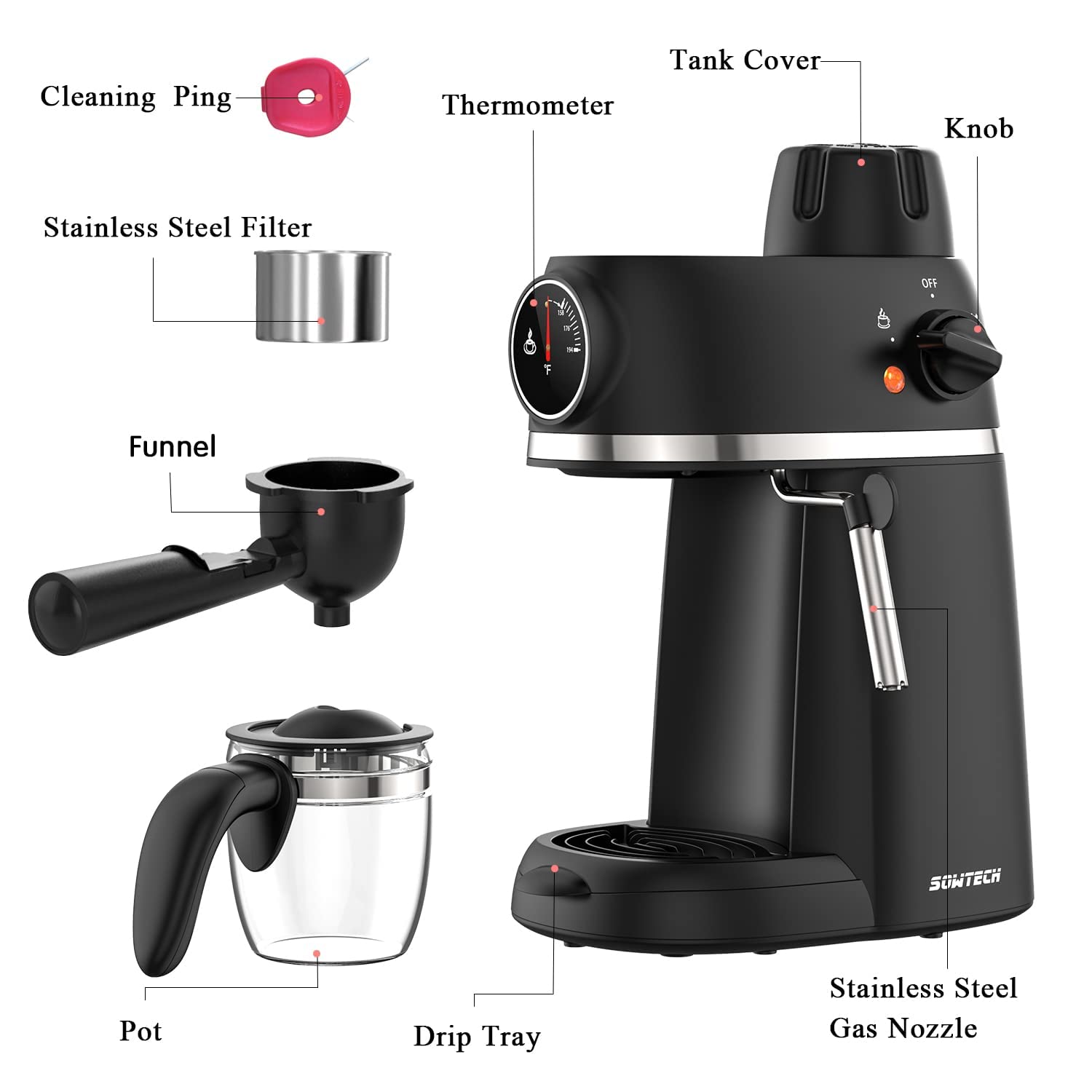 SOWTECH Espresso Machine, Cappuccino Machine with Steam Milk Frother, 3.5 Bar Latte Coffee Maker with Carafe