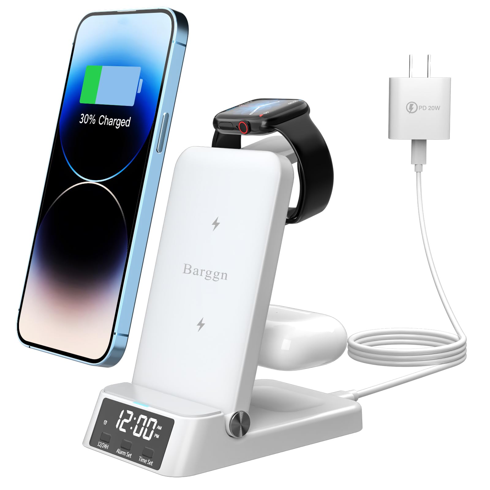 Barggn 4 in 1 Fast Wireless Charging Station for Apple Devices,Wireless Charger Stand with Clock for iPhone 15/14/13/12/11series iWatch and Airpods,for Travel/Office/Home (with 20W Adapter (White)