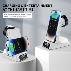 Barggn 4 in 1 Fast Wireless Charging Station for Apple Devices,Wireless Charger Stand with Clock for iPhone 15/14/13/12/11series iWatch and Airpods,for Travel/Office/Home (with 20W Adapter (White)