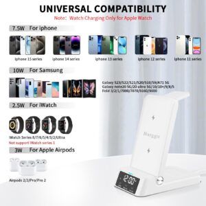 Barggn 4 in 1 Fast Wireless Charging Station for Apple Devices,Wireless Charger Stand with Clock for iPhone 15/14/13/12/11series iWatch and Airpods,for Travel/Office/Home (with 20W Adapter (White)