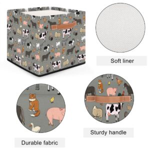 Cute Farm Rooster Cow Storage Basket Collapsible Fabric Storage Box 13x13x13 Inches Square Cube Storage Bins with Handles for Home Living Room Closet Shelf Office Bedroom