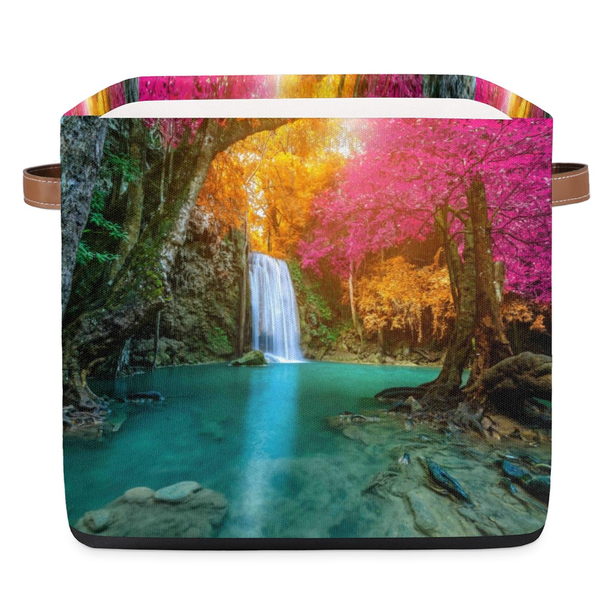 Aglebo Waterfall Jungle Scenery Storage Basket Collapsible Fabric Storage Box 13x13x13 Inches Square Cube Storage Bins with Handles for Home Living Room Closet Shelf Office Bedroom