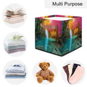 Aglebo Waterfall Jungle Scenery Storage Basket Collapsible Fabric Storage Box 13x13x13 Inches Square Cube Storage Bins with Handles for Home Living Room Closet Shelf Office Bedroom