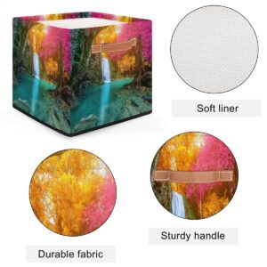 Aglebo Waterfall Jungle Scenery Storage Basket Collapsible Fabric Storage Box 13x13x13 Inches Square Cube Storage Bins with Handles for Home Living Room Closet Shelf Office Bedroom