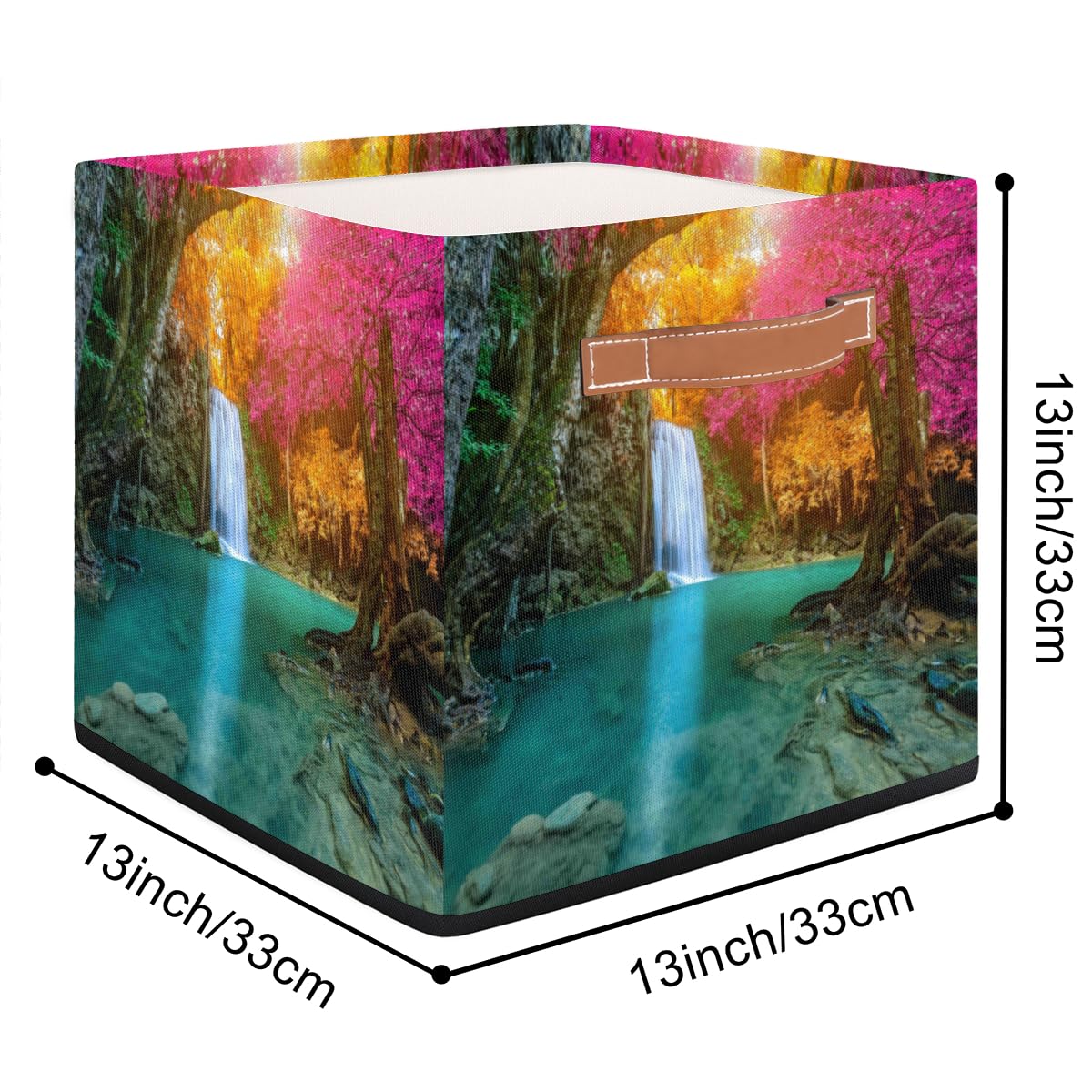 Aglebo Waterfall Jungle Scenery Storage Basket Collapsible Fabric Storage Box 13x13x13 Inches Square Cube Storage Bins with Handles for Home Living Room Closet Shelf Office Bedroom