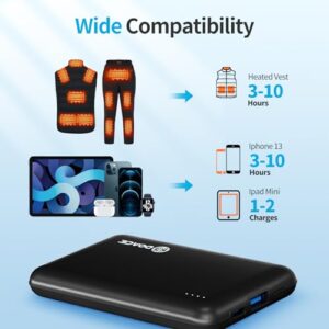 DOACE 5V 2A/ 5V 3A Battery Pack for Heated Vest/Jacket/Pants, 10000mAh Power Bank Rechargeable, USB-C Portable Charger with 15W Power Delivery (Input & Output) for iPhone 14/13/12 Series, S10, Pixel 4