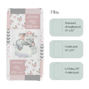 HawSkgFub Sleeping Elephant Floral Changing Pad Cover for Baby Girls Pink, Dream Big Little One Flower Diaper Change Table Covers, Soft Stretchy Safe Snug Fitted Changing Mat Sheets Fit 32"/34" x 16"