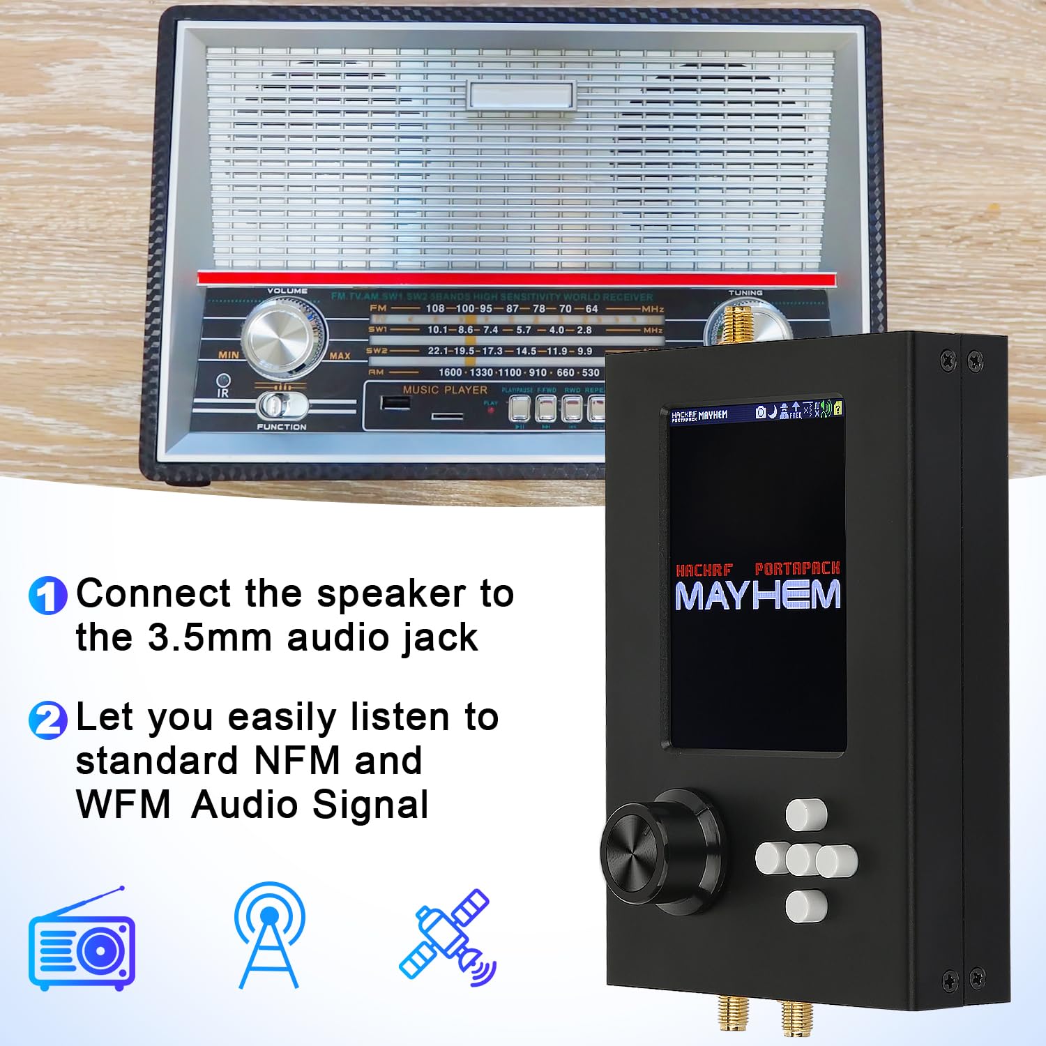 Portapack H2, 3.2in TFT Touch Screen Radio Transceiver 1MHz‑6GHz, SDR Radio Receiver Kit for Communication, 3.5mm Audio Jack USB Charge, Built-in Speaker and 2000mAh Lithium Battery