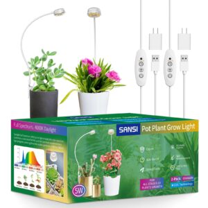 sansi grow lights for indoor plants, pot clip led plant lights for indoor growing, full spectrum, with 4-level dimmable, auto on off 3 6 12 hrs timer for small plants, gardening gifts white 5v 2-pack