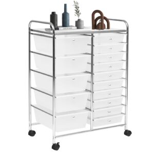 silkydry 15 drawers rolling storage cart, craft cart organizer with lockable wheels for tools, arts, scrapbook, papers, multipurpose utility cart for home office school (clear)
