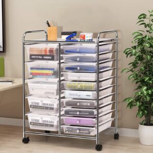 SILKYDRY 15 Drawers Rolling Storage Cart, Craft Cart Organizer with Lockable Wheels for Tools, Arts, Scrapbook, Papers, Multipurpose Utility Cart for Home Office School (Clear)