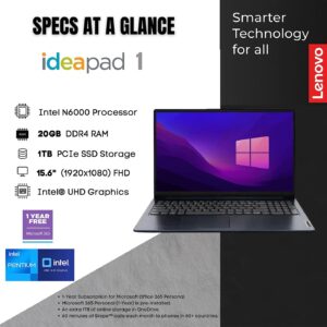 Lenovo 2022 IdeaPad 1 15.6" FHD Laptop, Intel Pentium Silver N6000 Processor, 20GB RAM, 1TB PCIe SSD, 720P HD Webcam, Dolby Audio, Blue, Win 11, 32GB Hotface USB Card (Renewed)