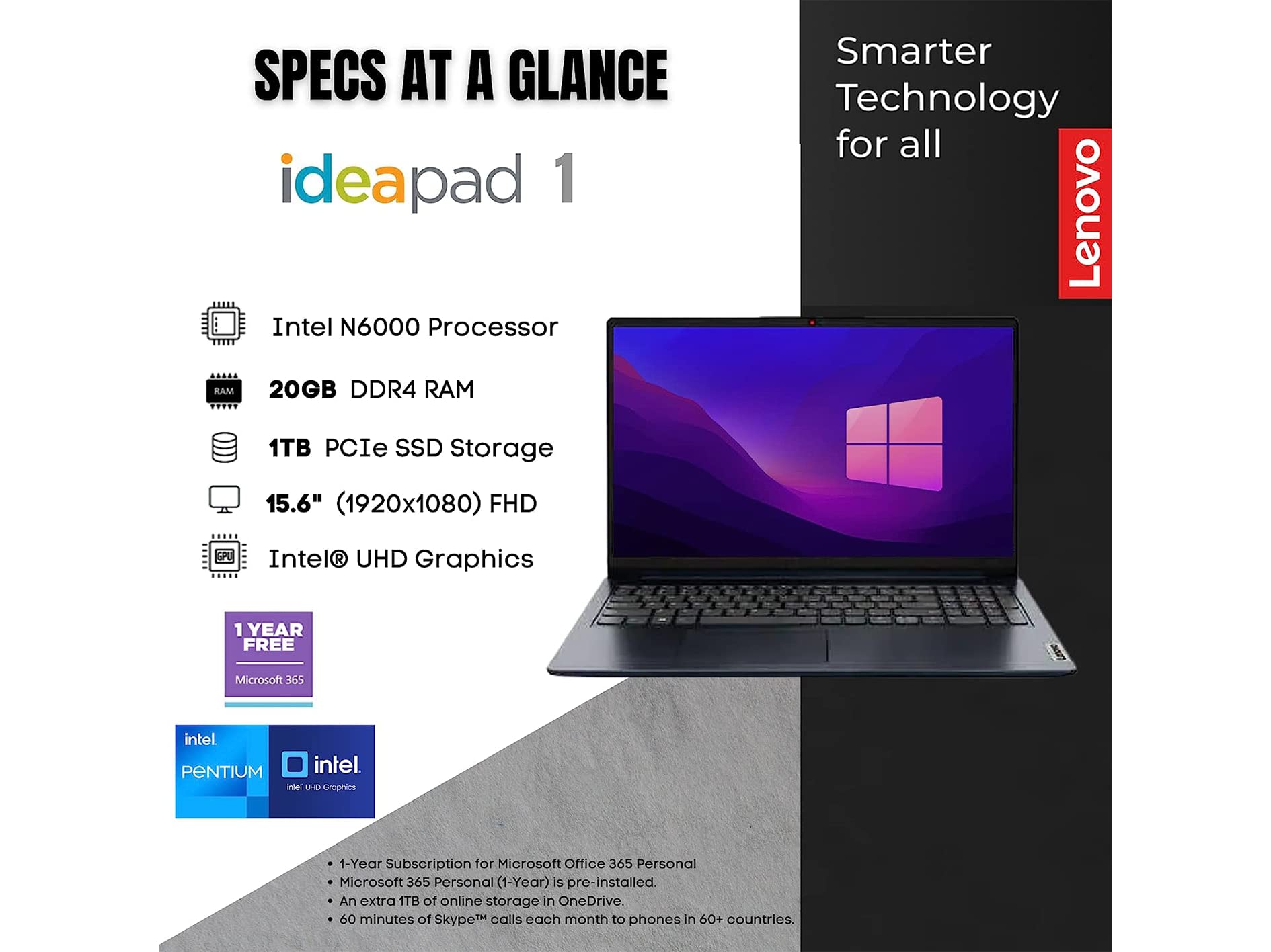 Lenovo 2022 IdeaPad 1 15.6" FHD Laptop, Intel Pentium Silver N6000 Processor, 20GB RAM, 1TB PCIe SSD, 720P HD Webcam, Dolby Audio, Blue, Win 11, 32GB Hotface USB Card (Renewed)