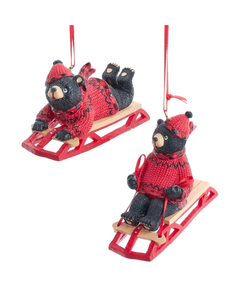 The Bridge Collection Sledding Black Bear Ornaments - Set of 2 - Fun Winter Black Bear Ornaments for Holiday Decor - Animal Christmas Tree Ornaments