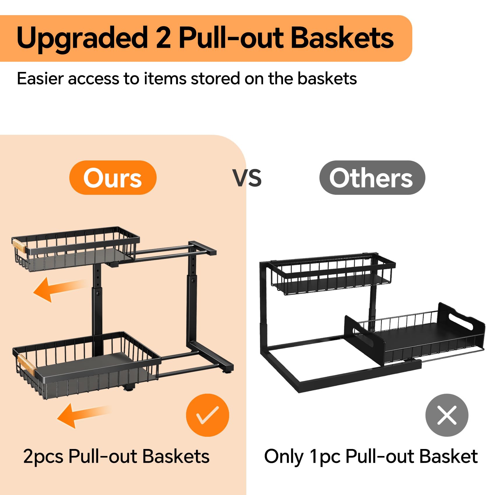 Under Sink Organizer, 2 Packs 2 Tier Under Sink Organizers and Storage, Slide out Pull out Cabinet Organizer Shelf, Metal Sliding Drawer for Kitchen Bathroom Pantry Cabinet Closet Organization Rack