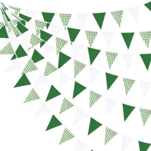 32ft green party decorations green buffalo plaid checkered white triangle flag gingham pennant bunting fabric garland for wedding birthday picnic bbq outdoor golf party dinosaur arbor day decorations