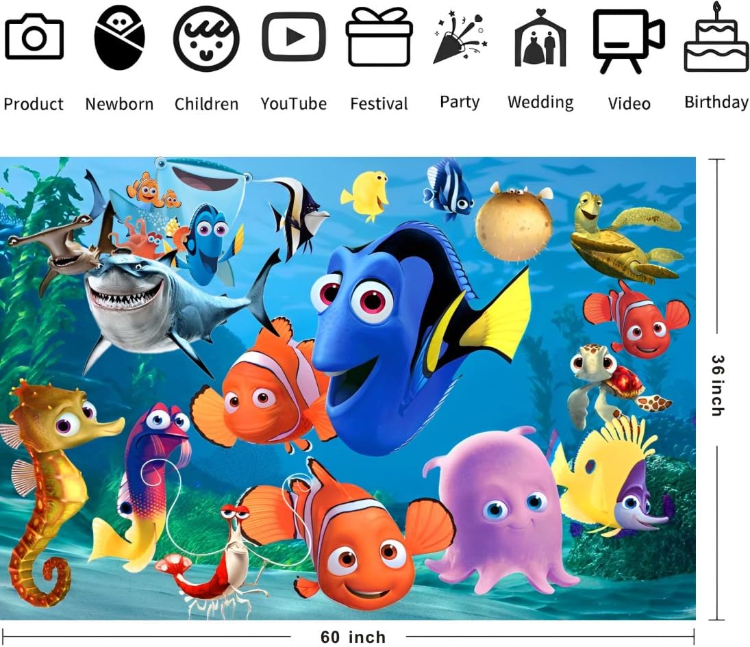 Finding Nemo Background Birthday Decorations, Finding Dory Happy Birthday Banner Backdrop for Finding Nemo Birthday Party Supplies (5x3ft)