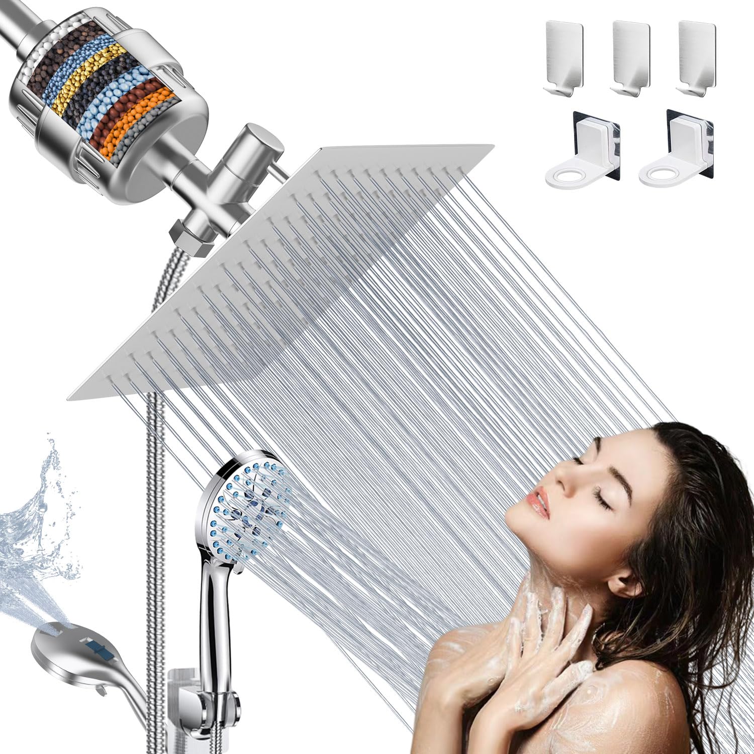 NLZQPTS 8inch Rain Shower Head with Filter,High Pressure Handheld Shower Heads with 7 Spray Combo,Square Filtered Showerhead for Hard Water Softener,59" Hose,Bathroom,Brushed Nickel Finish