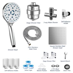 NLZQPTS 8inch Rain Shower Head with Filter,High Pressure Handheld Shower Heads with 7 Spray Combo,Square Filtered Showerhead for Hard Water Softener,59" Hose,Bathroom,Brushed Nickel Finish