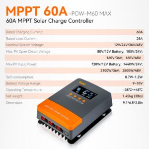 PowMr 60A MPPT Solar Charge Controller 12V 24V 36V 48V Auto, Solar Charge Regulator 60amp w/Large LCD Display, Work with AGM, Gel, Flooded and Lithium Batteries,Plug-and-Play【Update Version】