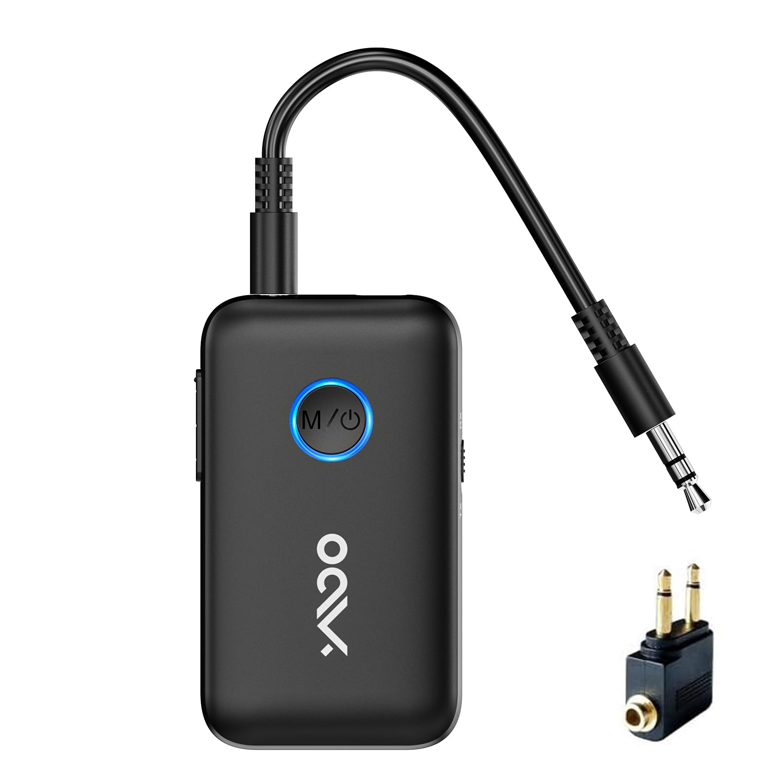 YMOO B06T1 Bluetooth 5.3 Transmitter Receiver with Airplane Adapter, 3.5mm Jack AUX Adapter for Airplane, 22h 100ft Long Range AptX Low Latency for Speaker/Phone/Tablet/PC/Gym/Home Stere