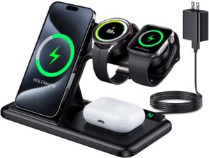 wireless charger for iphone and samsung multiple devices, portable apple charging station for iphone 15/14/13/12/11/pro/max/plus, for apple watch charger iwatch and galaxy watch, for airpods 3/2/pro