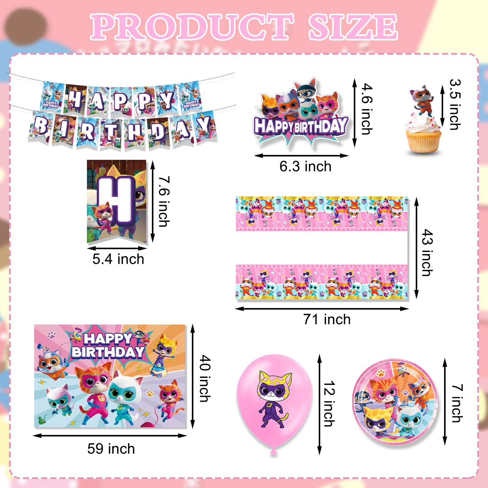 Super Cat Birthday Party Supplies - Super Cartoon Kitty Birthday Decorations with 18X Balloons, Birthday Banner, Tablecloth, Cake Topper, 12X Cupcake Toppers, 10X Plates, Backdrop for Fans Kids