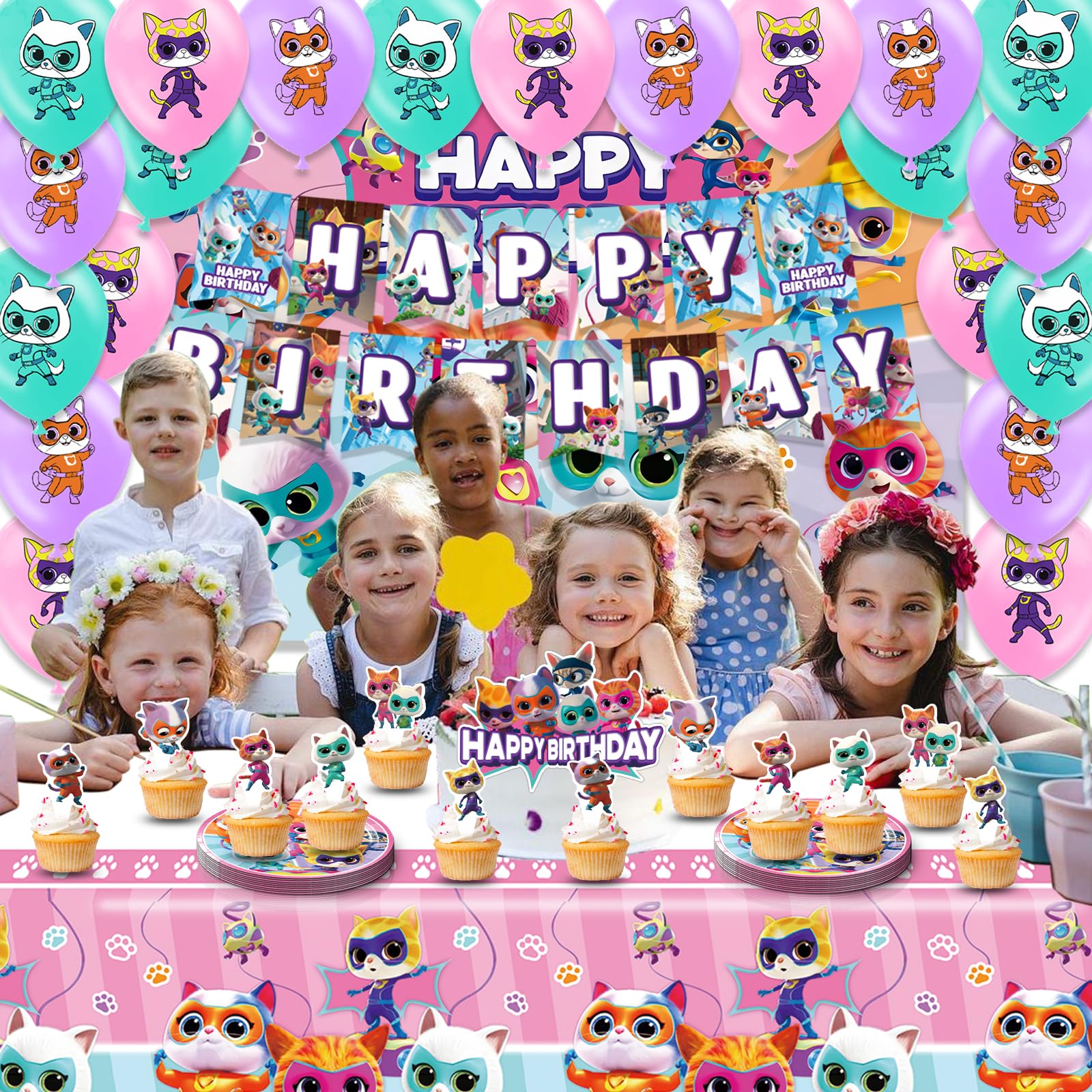 Super Cat Birthday Party Supplies - Super Cartoon Kitty Birthday Decorations with 18X Balloons, Birthday Banner, Tablecloth, Cake Topper, 12X Cupcake Toppers, 10X Plates, Backdrop for Fans Kids