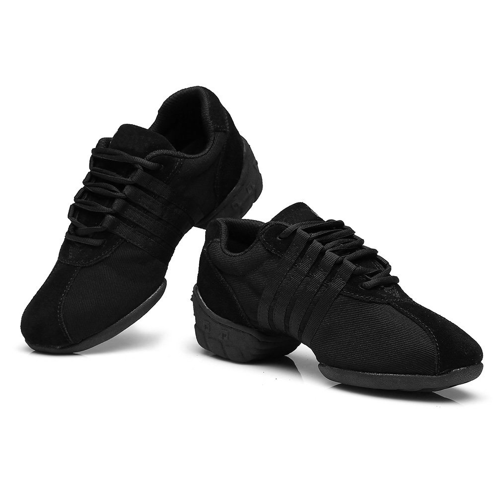 HIPPOSEUS Women's Canvas Dance Sneakers Lace up Modern Jazz Hip Hop Dance Shoes Black with Split Sole,Model T01,8 US