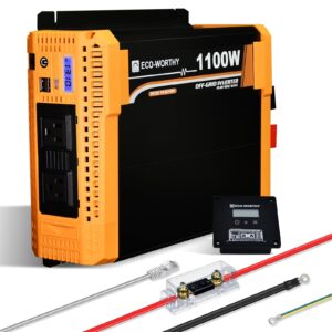eco-worthy 1100watt pure sine wave solar power inverter 12v dc to 120v ac with built-in dual 18w usb port, 2*ac outlets, 1*hardwire terminals and 1 * 120a fuse