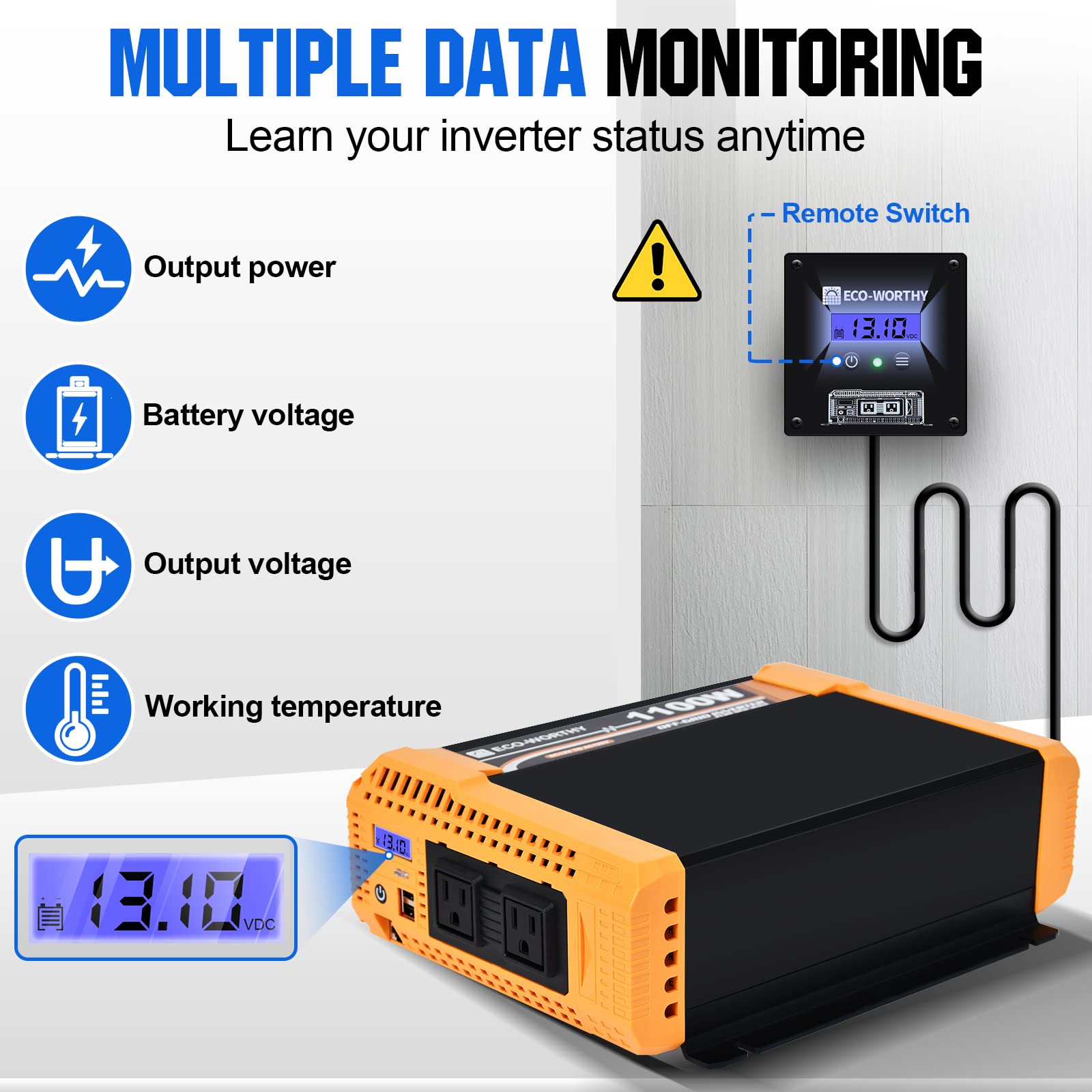 ECO-WORTHY 1100Watt Pure Sine Wave Solar Power Inverter 12V DC to 120V AC with Built-in Dual 18W USB Port, 2*AC Outlets, 1*Hardwire Terminals and 1 * 120A Fuse