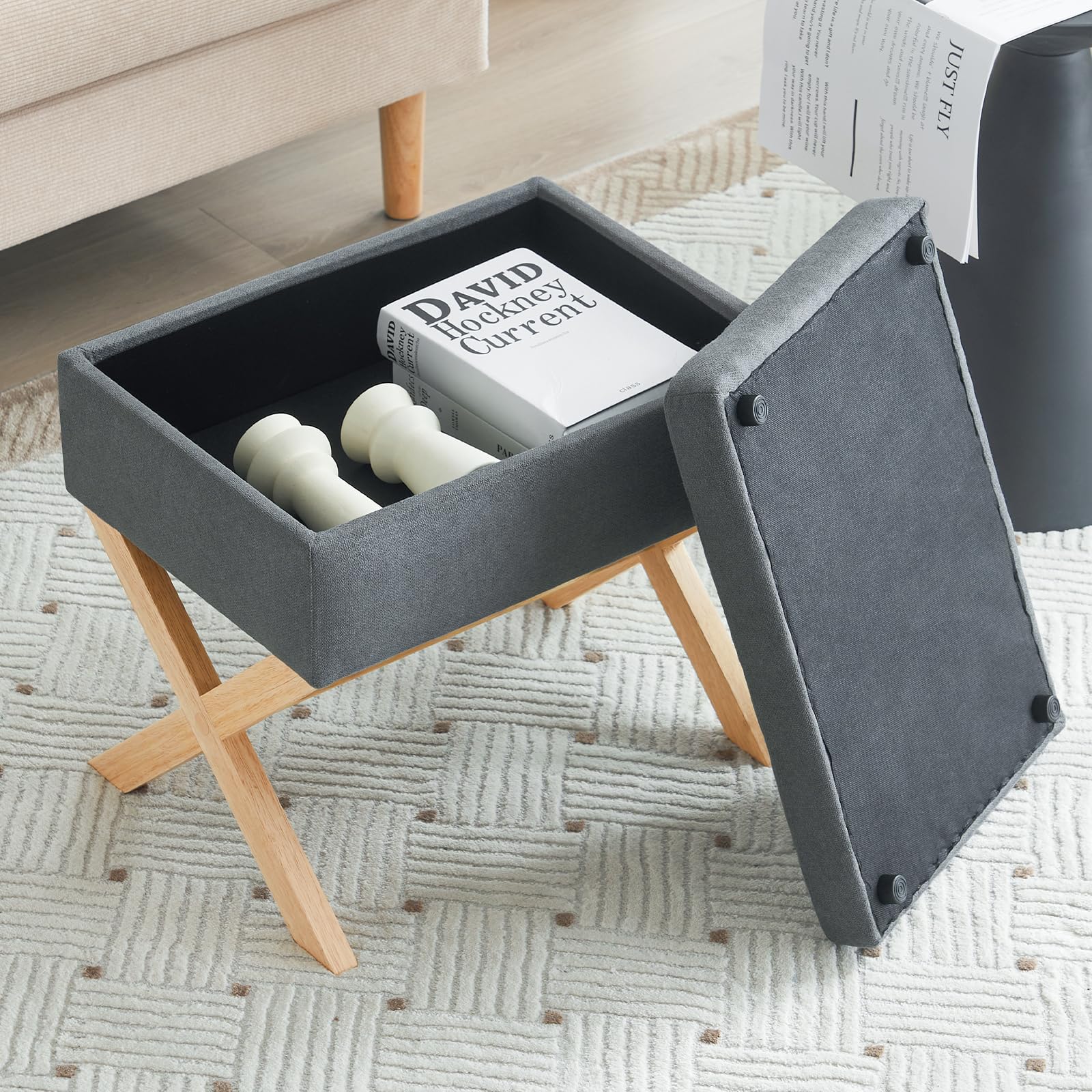 Furniliving Linen Storage Ottoman Square Ottoman Button-Tufted Foot Stool with Wooden X Legs, Modern Footrest Rectangle Vanity Stool, Makeup Stool for Living Room, Bedroom (Grey)