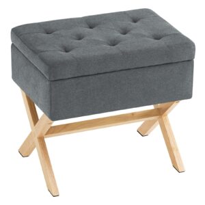 Furniliving Linen Storage Ottoman Square Ottoman Button-Tufted Foot Stool with Wooden X Legs, Modern Footrest Rectangle Vanity Stool, Makeup Stool for Living Room, Bedroom (Grey)