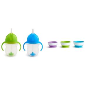 Munchkin® Any Angle™ Weighted Straw Trainer Cup with Click Lock™ Lid, 7 Ounce, 2 Count (Pack of 1), Blue/Green & ® Stay Put™ Suction Bowls for Babies and Toddlers, 3 Pack, Blue/Green/Purple