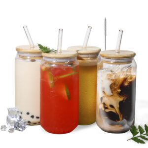 wirsh drinking glasses, 4pcs 18oz can shaped glass cups with bamboo lids and glass straw,cute tumbler cups for iced coffee, beer, tea, coffee bar accessories, giftable