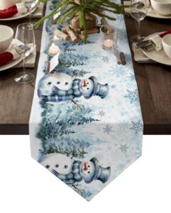 zfuncing winter christmas table runner cute snowman watercolor xmas tree dresser scarf table decorations for home kitchen dining holiday party decor 13x60 inch,blue and white