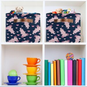 Cute Cartoon Axolotl Storage Basket Collapsible Storage Bins Cubes Box Clothes Hamper Toy Chest Fabric Gift Baskets for Home Office Nursery Shelves Shoes with Leather Handles
