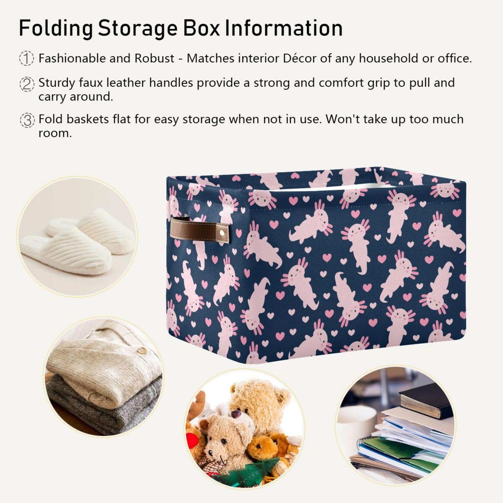 Cute Cartoon Axolotl Storage Basket Collapsible Storage Bins Cubes Box Clothes Hamper Toy Chest Fabric Gift Baskets for Home Office Nursery Shelves Shoes with Leather Handles