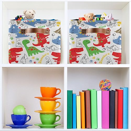 Cute Cartoon Dinosaurs Storage Basket Collapsible Storage Bins Cubes Fabric Clothes Hamper Box Toy Chest Gift Baskets for Shelves Office Nursery Home Shoes with Leather Handles