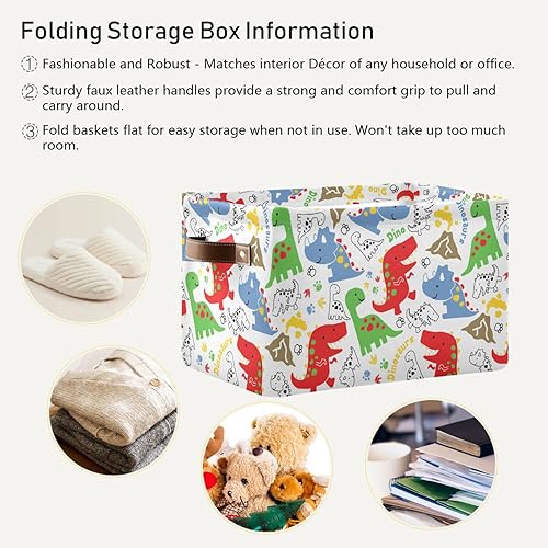 Cute Cartoon Dinosaurs Storage Basket Collapsible Storage Bins Cubes Fabric Clothes Hamper Box Toy Chest Gift Baskets for Shelves Office Nursery Home Shoes with Leather Handles