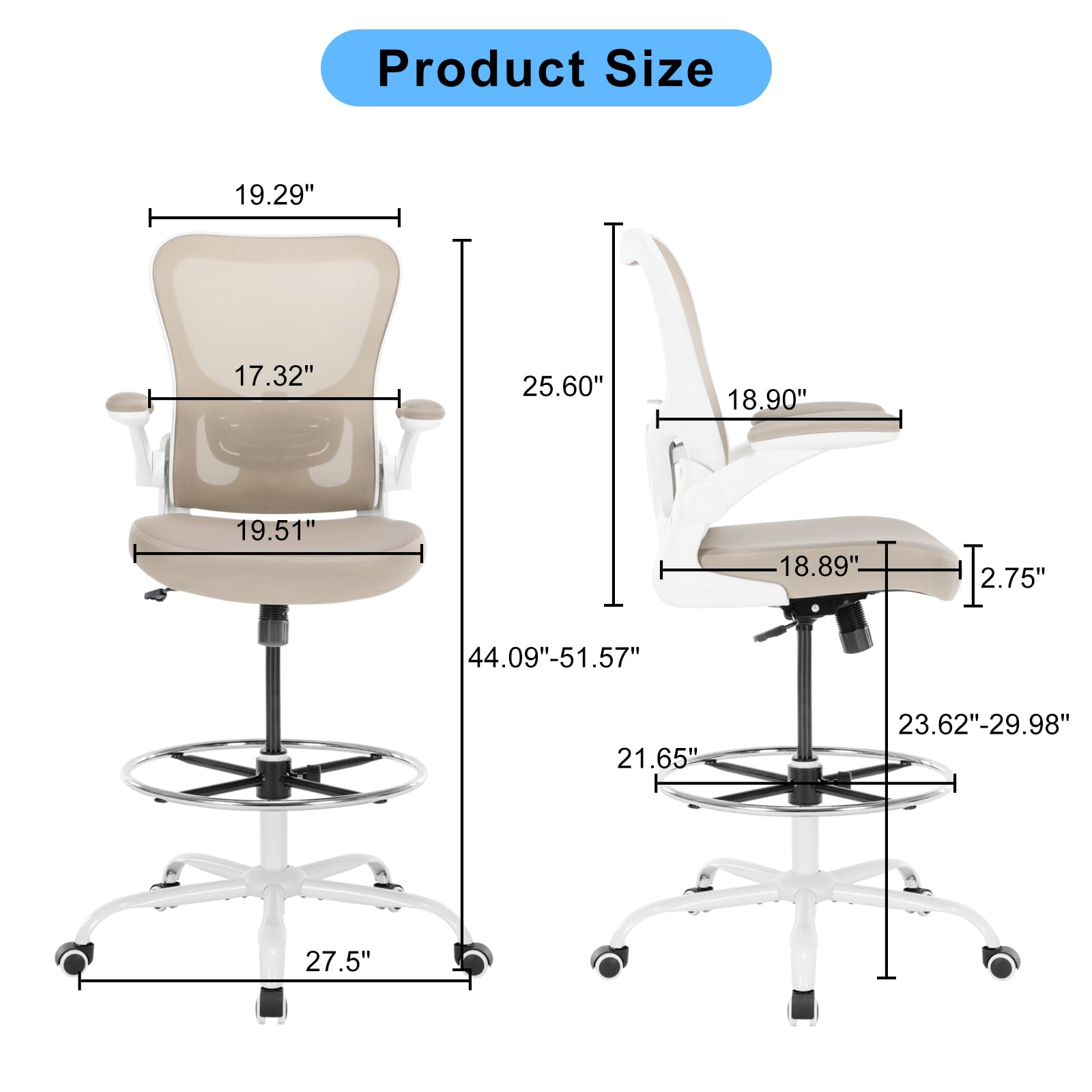 Chairoyal Office Drafting Chair, Ergonomic Tall Office Desk Chair with Adjustable Height and Footrest Ring, Executive Computer Standing Desk Stool Chair with Flip-Up Arms for Draw, Lab, Work