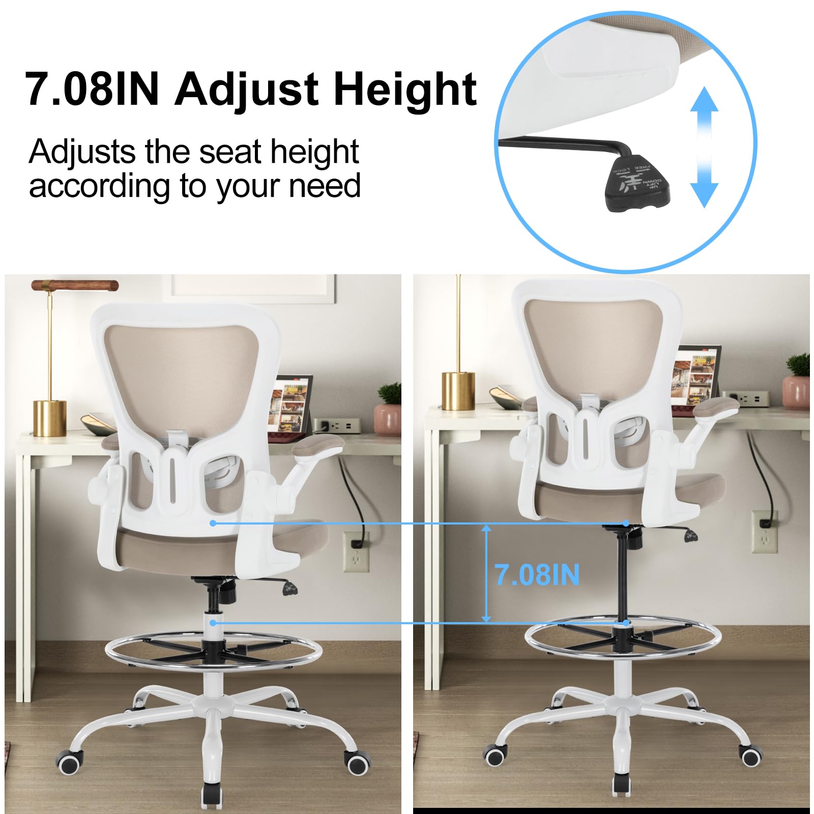 Chairoyal Office Drafting Chair, Ergonomic Tall Office Desk Chair with Adjustable Height and Footrest Ring, Executive Computer Standing Desk Stool Chair with Flip-Up Arms for Draw, Lab, Work