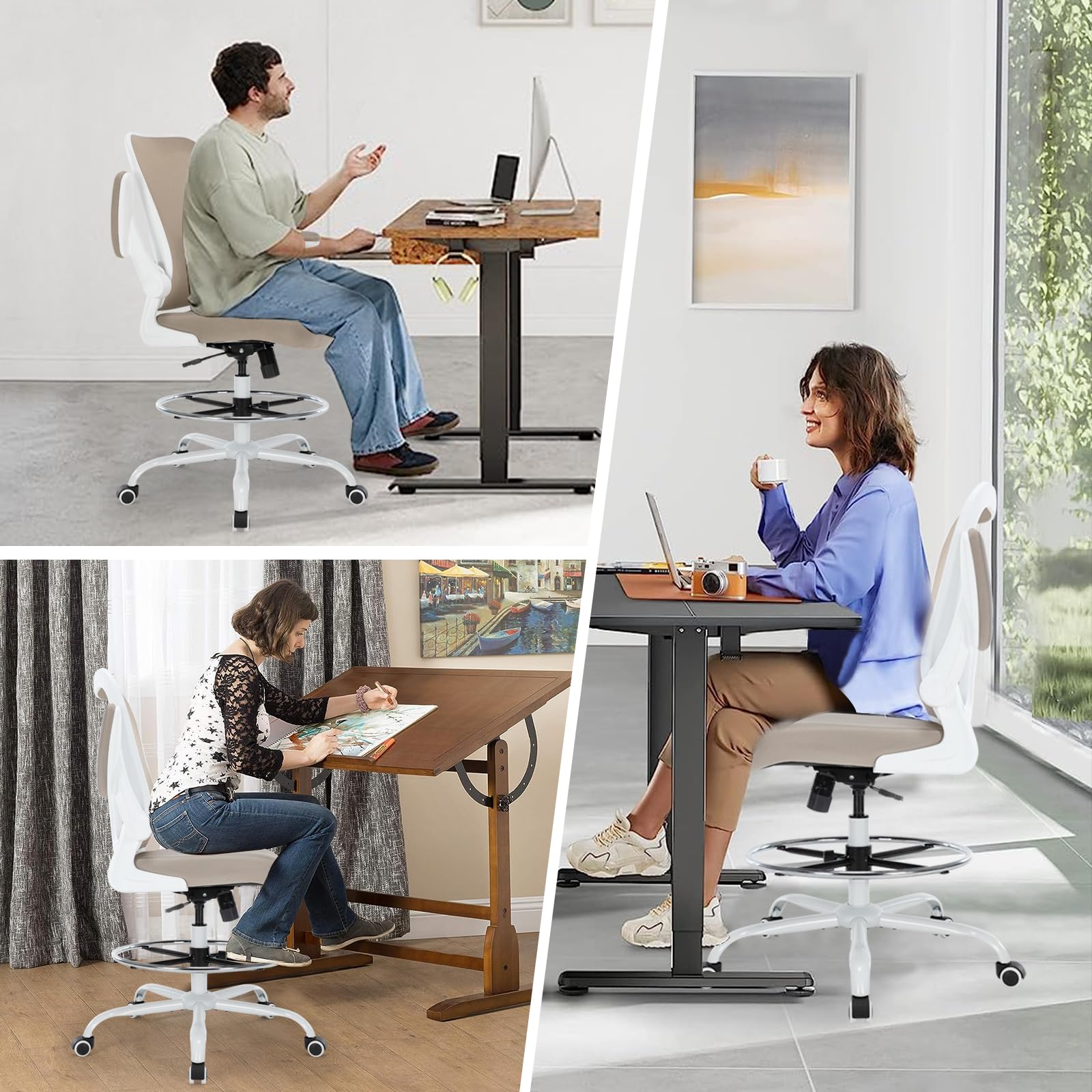 Chairoyal Office Drafting Chair, Ergonomic Tall Office Desk Chair with Adjustable Height and Footrest Ring, Executive Computer Standing Desk Stool Chair with Flip-Up Arms for Draw, Lab, Work