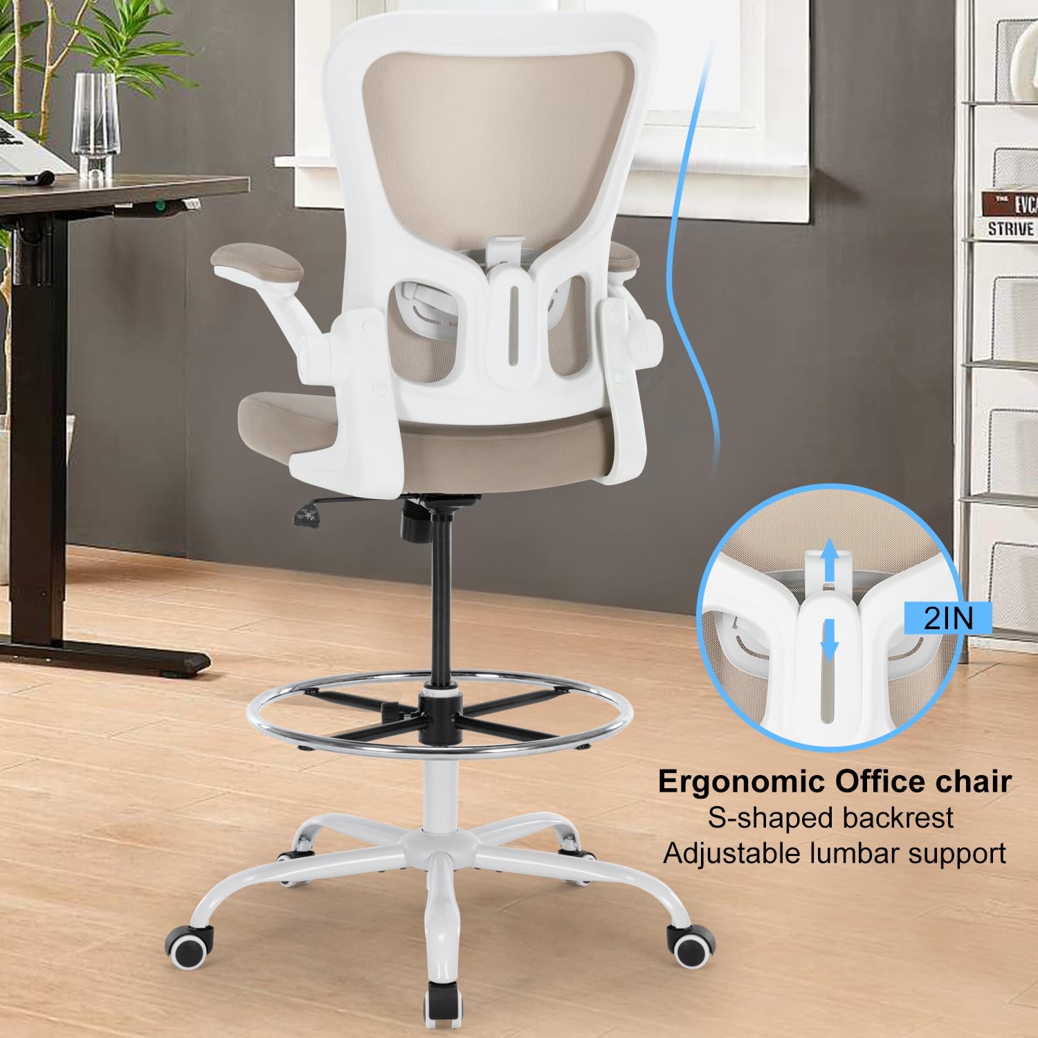 Chairoyal Office Drafting Chair, Ergonomic Tall Office Desk Chair with Adjustable Height and Footrest Ring, Executive Computer Standing Desk Stool Chair with Flip-Up Arms for Draw, Lab, Work