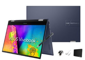 asus vivobook 14 inch 2-in-1 laptop, hd touchscreen, intel celeron n4500, 4gb ram, 64gb emmc + 512gb ssd, numberpad, windows 11, 1-year microsoft 365 personal, quiet blue with accessories