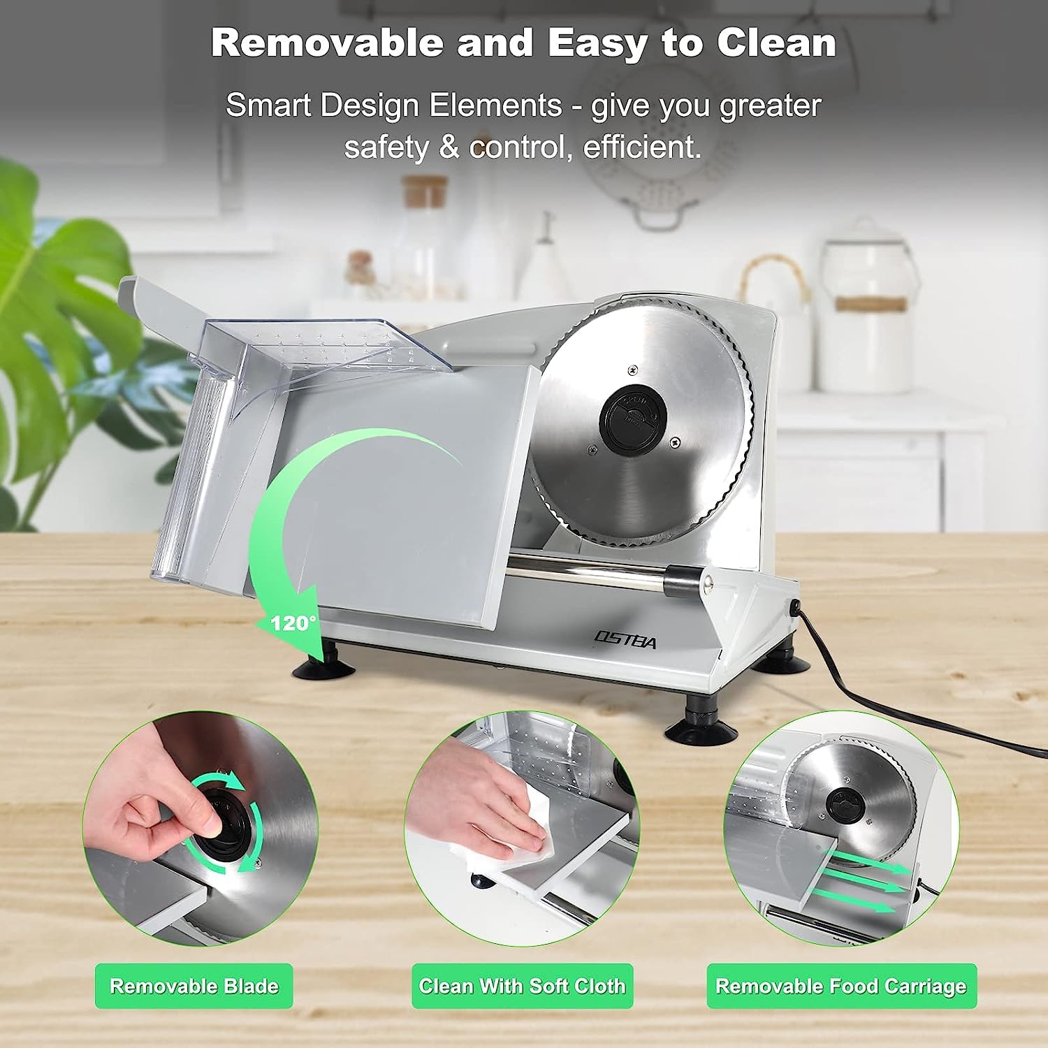 OSTBA Meat Slicer Electric Deli Food Slicer with Two Removable Stainless Steel Blades and Food Carriage, Adjustable Thickness Meat Slicer for Home, Food Slicer Machine for Meat, Cheese, Bread