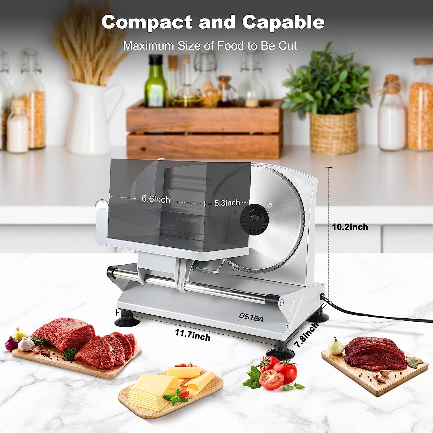 OSTBA Meat Slicer Electric Deli Food Slicer with Two Removable Stainless Steel Blades and Food Carriage, Adjustable Thickness Meat Slicer for Home, Food Slicer Machine for Meat, Cheese, Bread