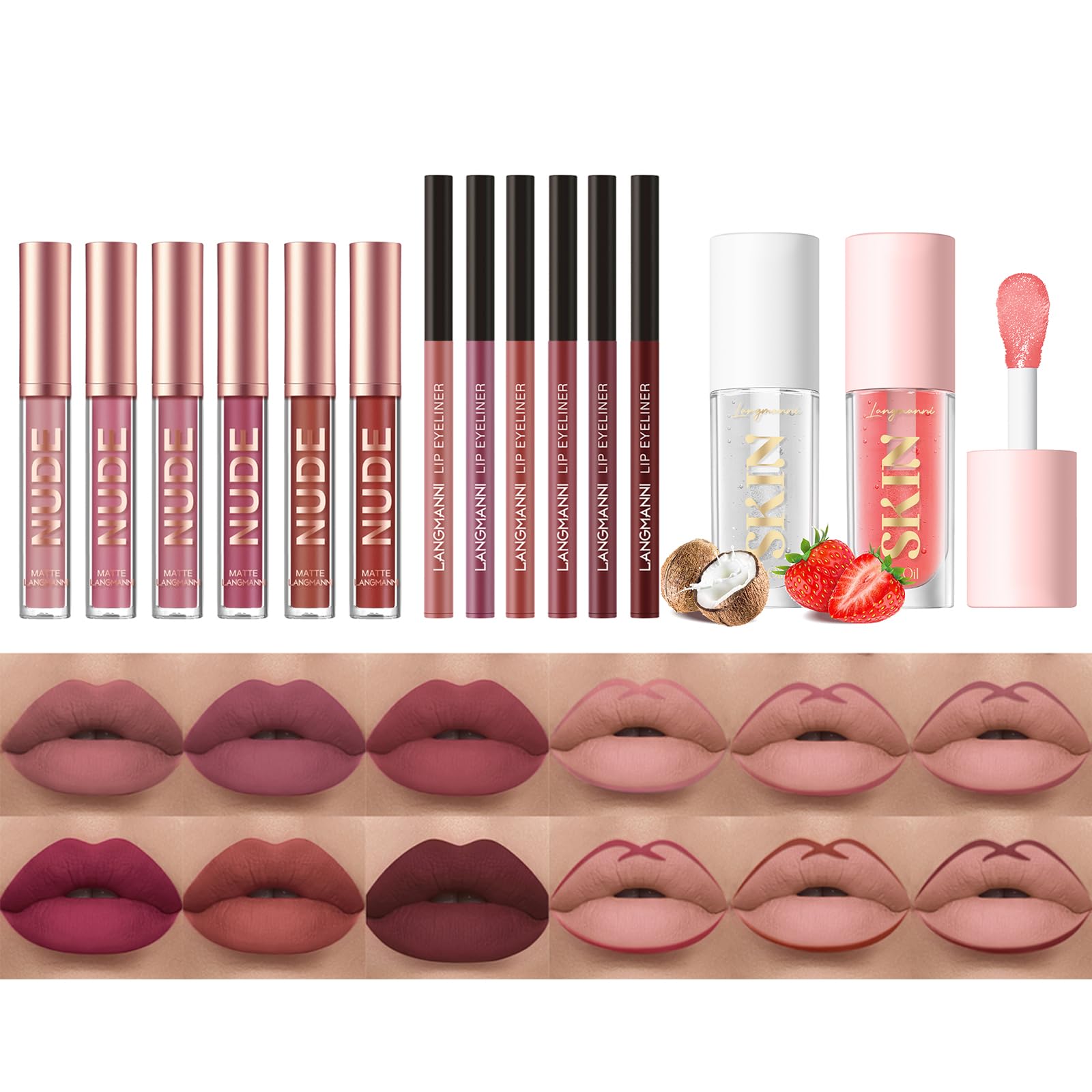 LANGMANNI 6 Matte Lipstick with 6 Lipliners Cosmetics Makeup Gift for Girls(12PCS)+Moisturizing Lip Oil(Strawberry+Coco)