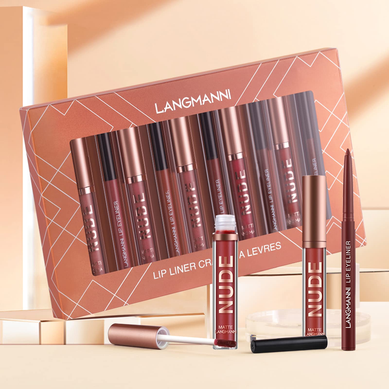 LANGMANNI 6 Matte Lipstick with 6 Lipliners Cosmetics Makeup Gift for Girls(12PCS)+Moisturizing Lip Oil(Strawberry+Coco)