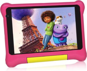 mouikei kids tablet 7 inch, android 12 tablet for kids quad core 2gb 32gb educational children's tablet with parental control, bluetooth, wifi, shockproof case, dual camera (dark pink)